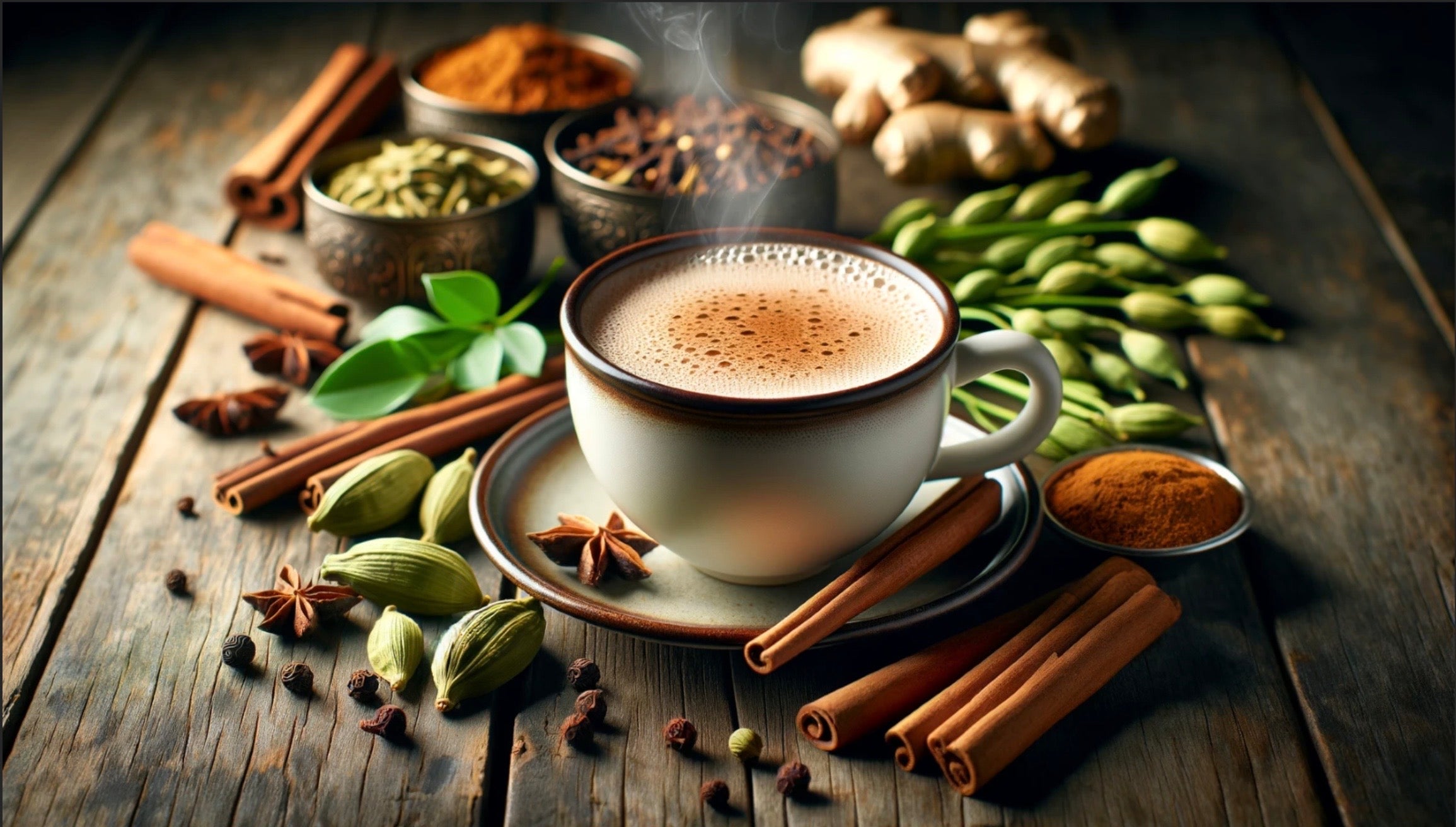 Close-up of Masala Chai in a cup with key ingredients like cardamom, cinnamon, and ginger, highlighting the warm and aromatic essence of the drink.
